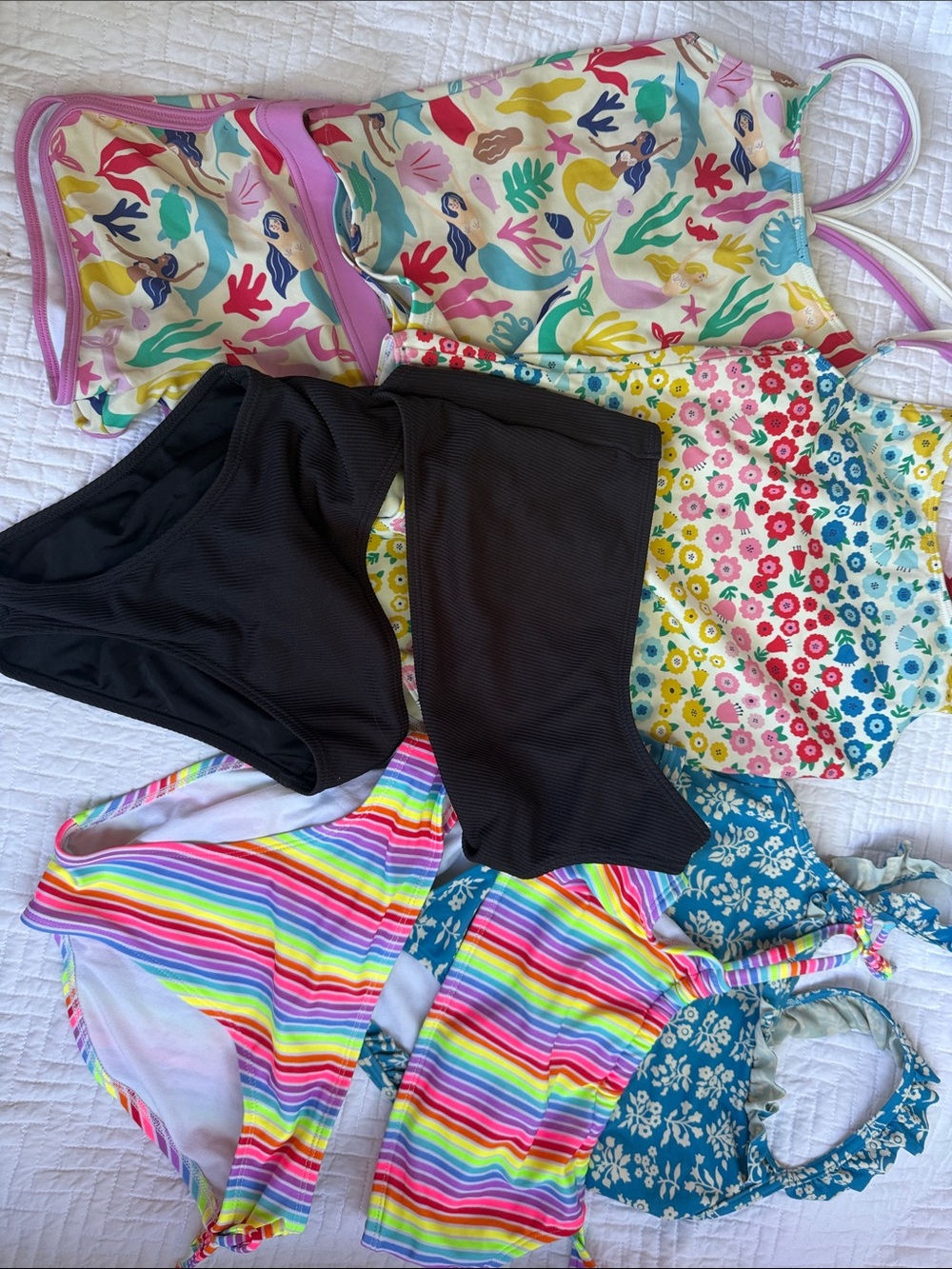 Multiples Girls Swim Set - Rainbow Stripes, Black, Floral & Mermaid Prints